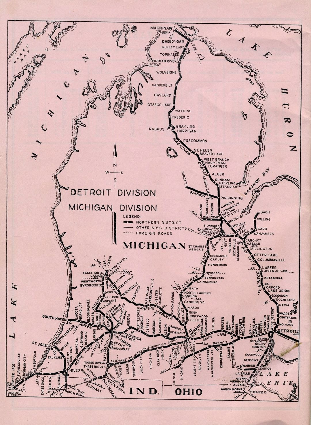 New York Central railroad map in Michigan in 1958